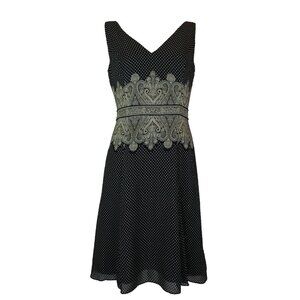Adrianna Papell Black Tan Silk Polka Dot Paisley Sleeveless Midi A-Line Dress 8P